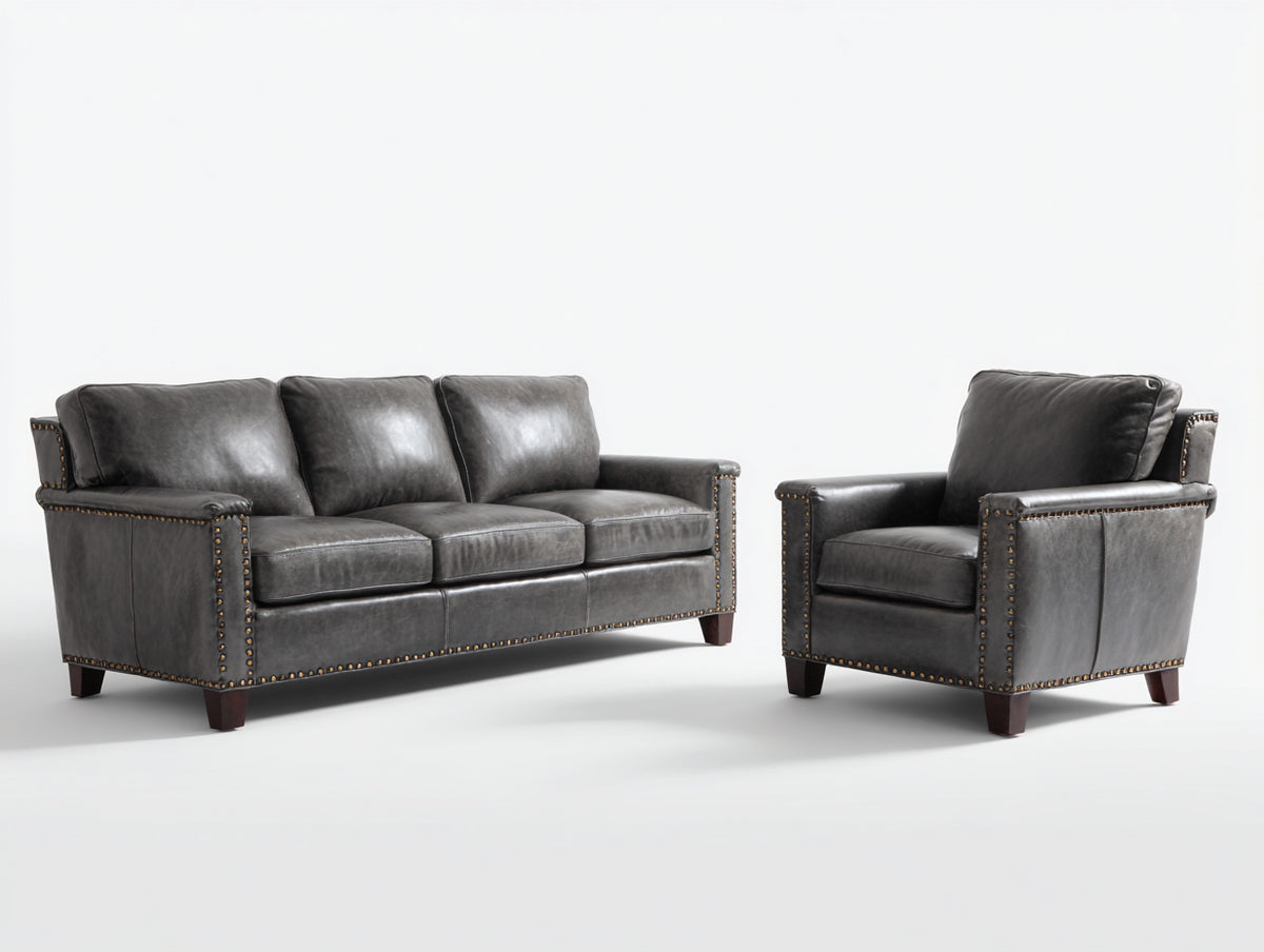 Ensemble de canapés - cuir - 215 x 93 x 88 cm - gris anthracite - style traditionnel