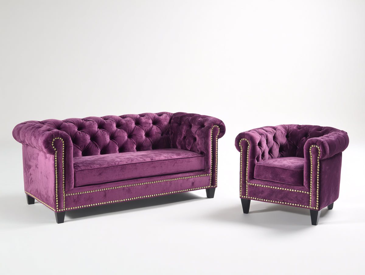 Ensemble de canapés - velours - 192 x 91 x 78 cm - prune - style Chesterfield