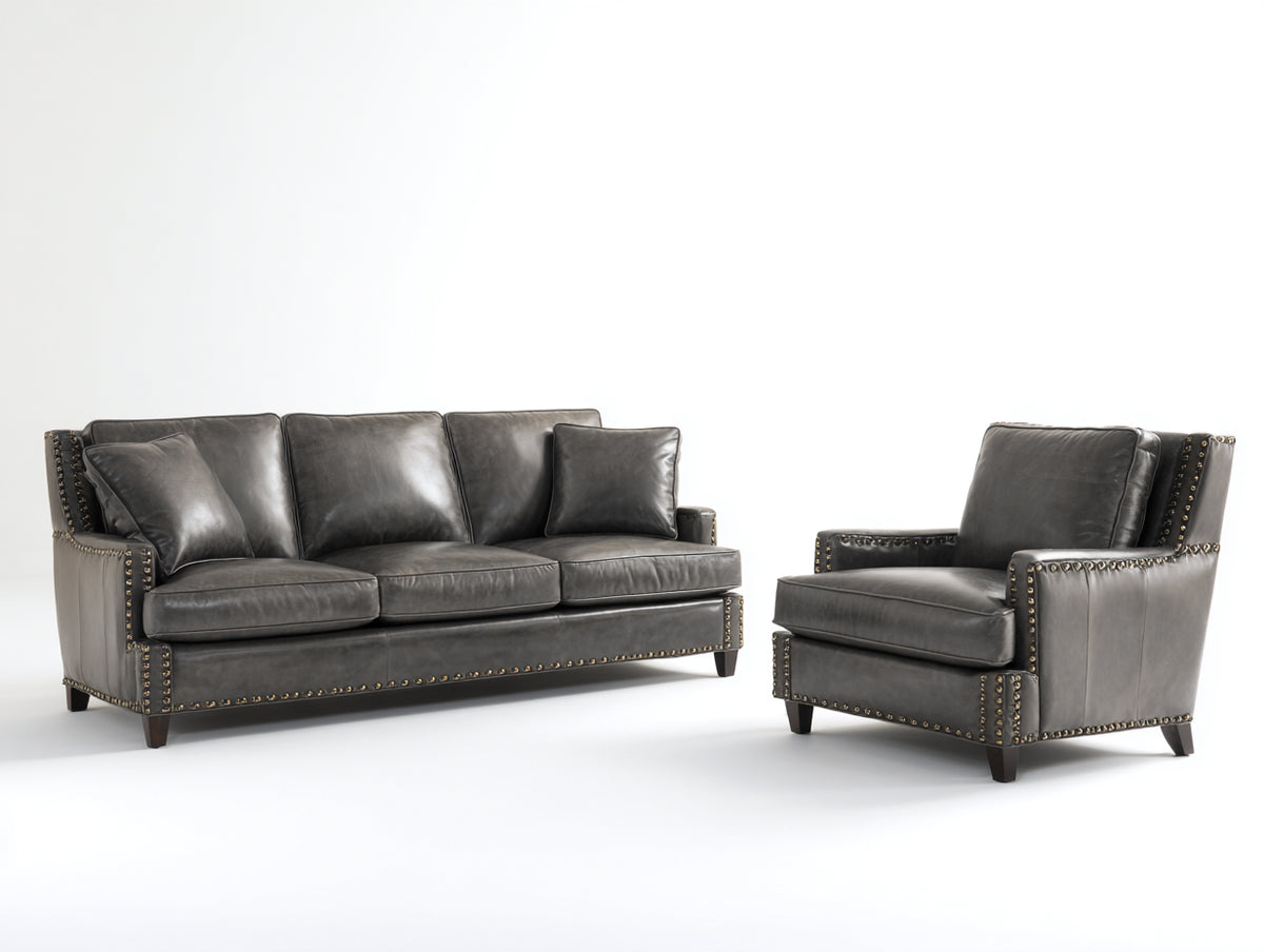 Ensemble de canapés - cuir - 220 x 96 x 89 cm - gris anthracite - style contemporain