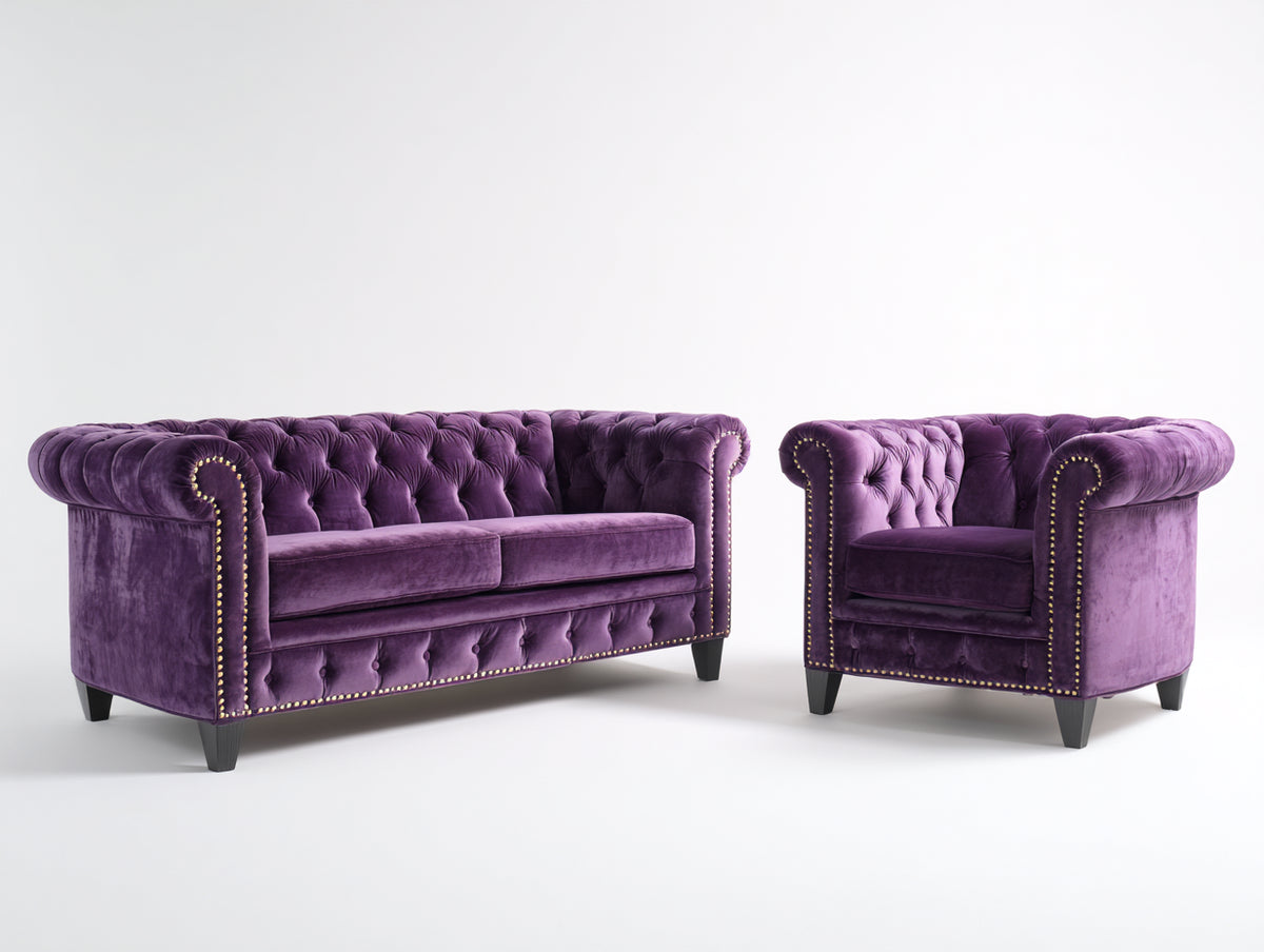 Ensemble de canapés - velours - 198 x 92 x 79 cm - violet foncé - style Chesterfield
