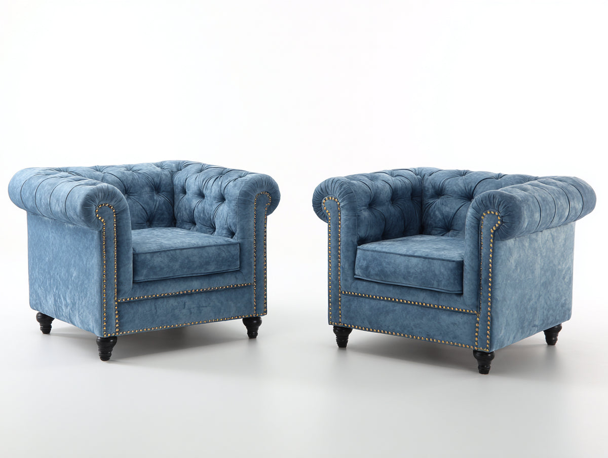 Ensemble de canapés - velours - 108 x 92 x 78 cm - bleu - style Chesterfield