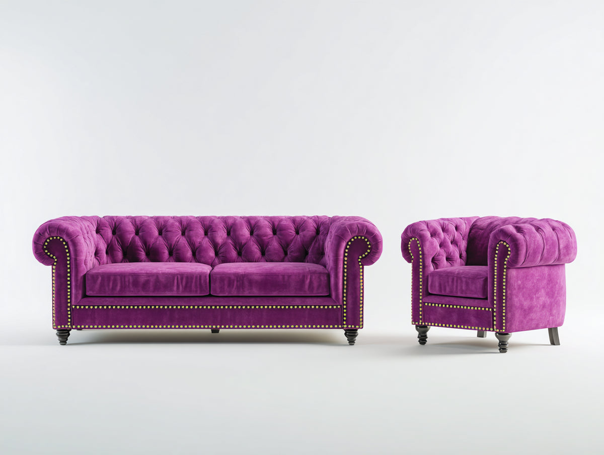 Ensemble de canapés - velours - 199 x 93 x 80 cm - violet prune - style Chesterfield