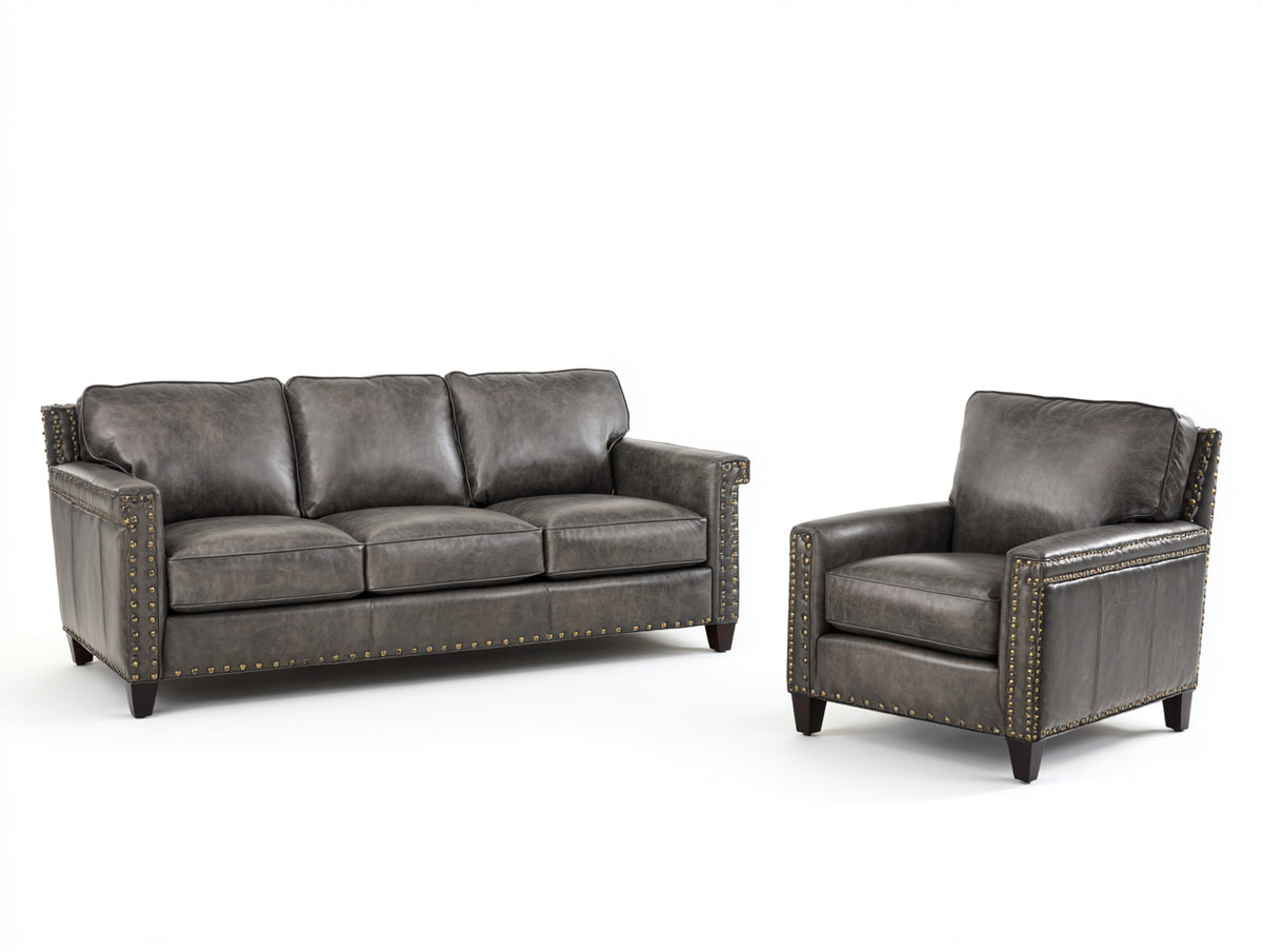 Ensemble de canapés - cuir - 211 x 92 x 87 cm - gris brun - style classique