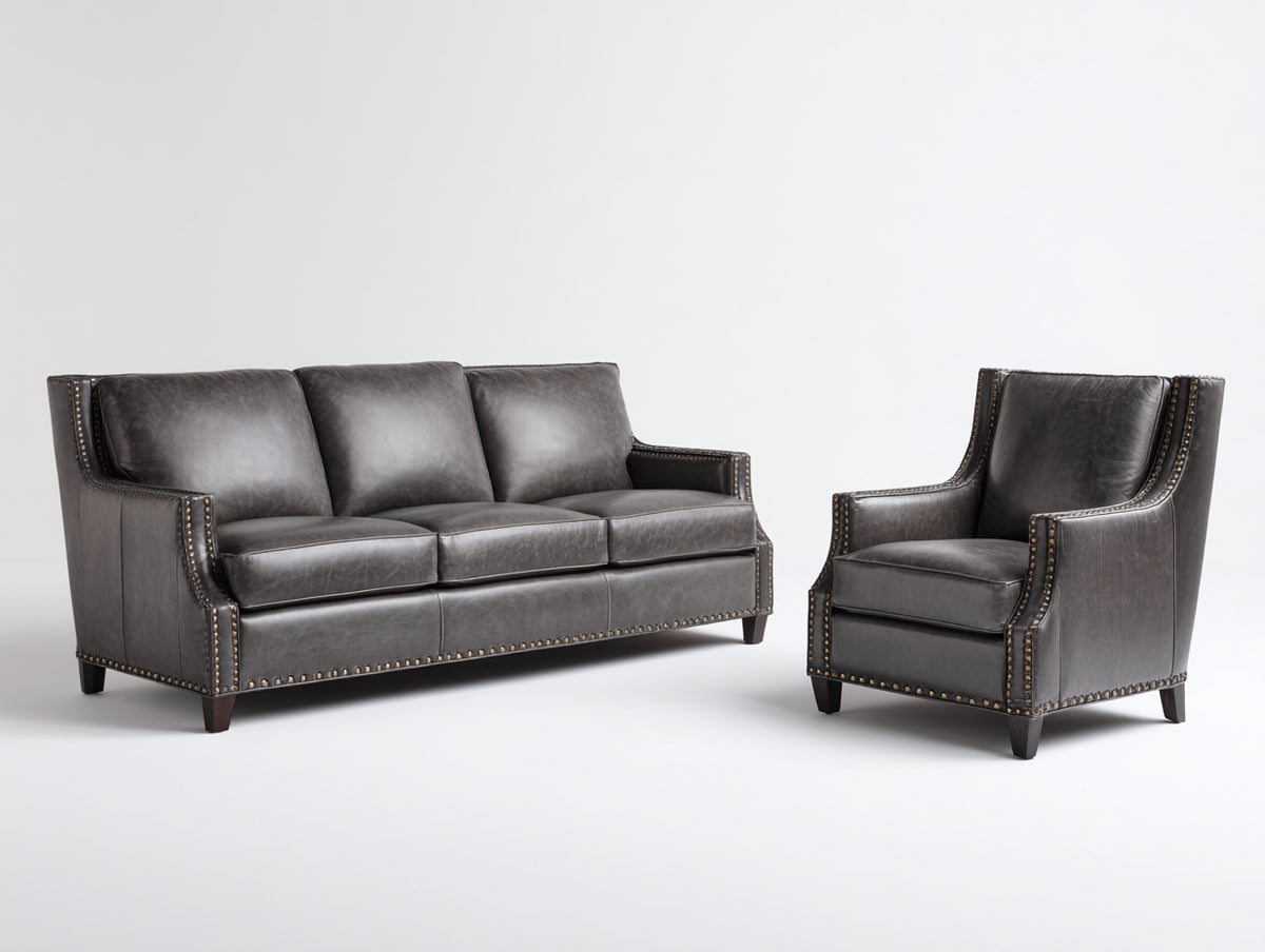 Ensemble de canapés - cuir - 219 x 94 x 90 cm - gris foncé - style classique