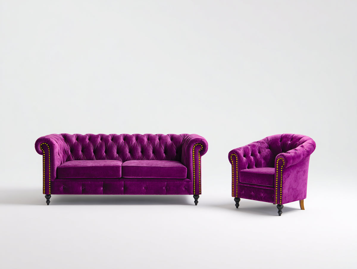 Ensemble de canapés - velours - 194 x 91 x 78 cm - violet fuchsia - style Chesterfield